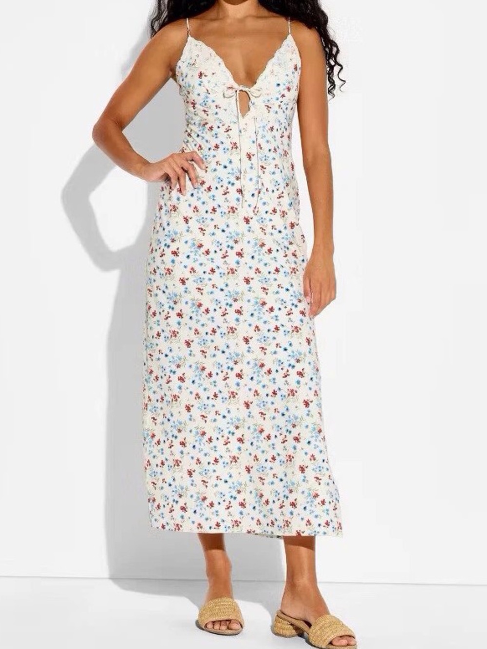 Floral Tie-Front Maxi Dress in Cream